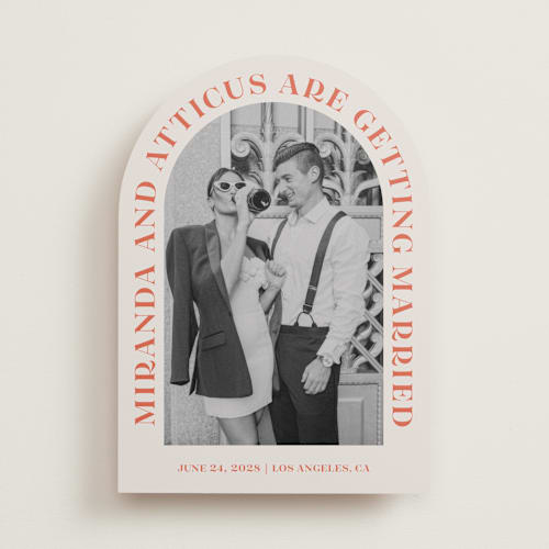 This is a persimmon save the date with standard by Sarah Cohn called surrounding printing on recycled smooth signature in standard