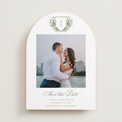 This is a moss save the date with standard by Cass Loh called watercolor flowers crest printing on recycled smooth signature in standard