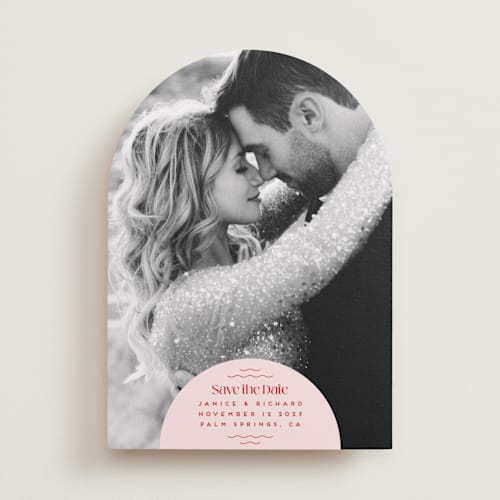 This is a strawberry save the date with standard by Claudia Orengo called news! printing on recycled smooth signature in standard