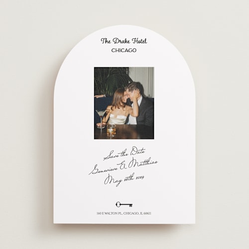 This is a ivory save the date with standard by Studio Suku called hotel printing on recycled smooth signature in standard