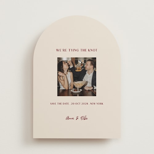 This is a burgundy save the date with standard by Ani Somi called center cut printing on recycled smooth signature in standard