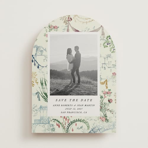 This is a nouvelle save the date with standard by Sumak Studio called chinoiserie printing on recycled smooth signature in standard
