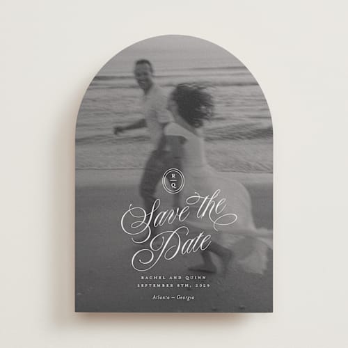 This is a ivory save the date with standard by Paper Raven Co. called vintage romance printing on recycled smooth signature in standard