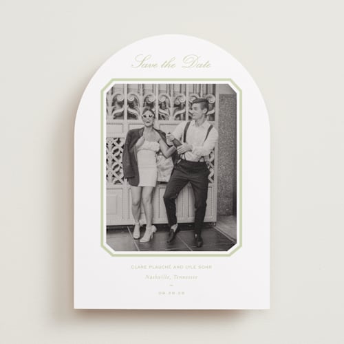 This is a mint save the date with standard by Sara Hicks Malone called montgomery printing on recycled smooth signature in standard