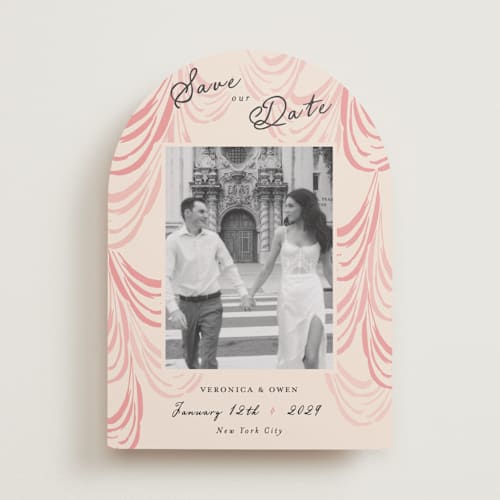 This is a blush save the date with standard by Sarah Rosenthal called velvet cherry printing on recycled smooth signature in standard