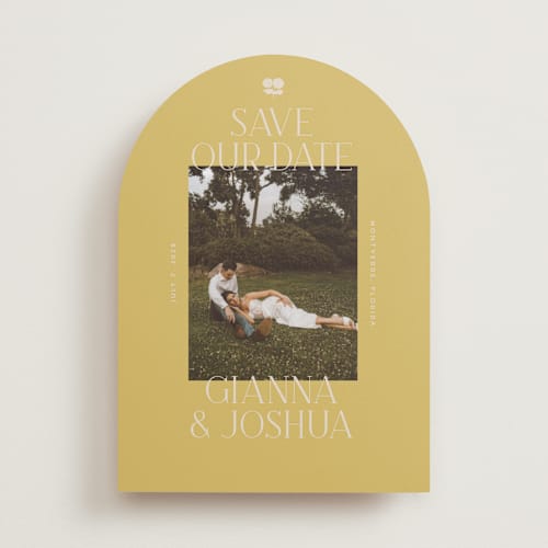 This is a summer citrus save the date with standard by Vera Lim called the gallery printing on recycled smooth signature in standard