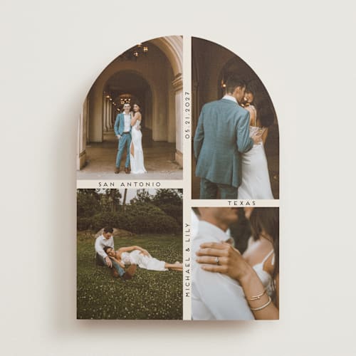 This is a ecru save the date with standard by Morgan Kendall called grid printing on recycled smooth signature in standard