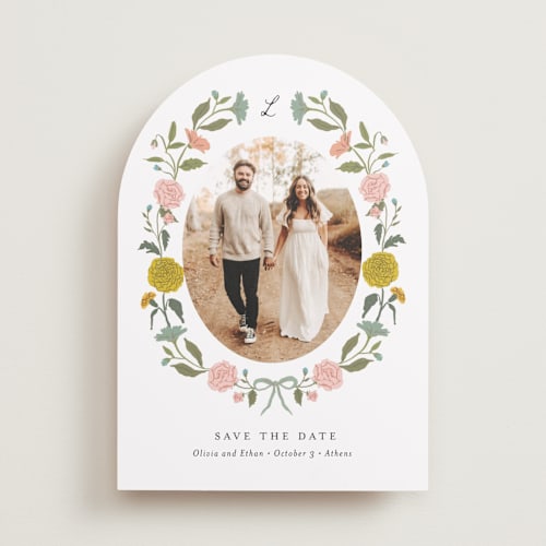 This is a swan save the date with standard by Lori Wemple called botanical cameo printing on recycled smooth signature in standard