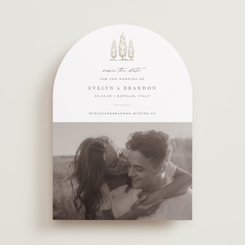 This is a champagne save the date with standard by Sarah Brown called arborvitae printing on recycled smooth signature in standard