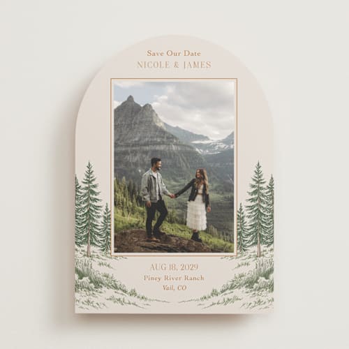 This is a forest save the date with standard by Elly called whispering pines printing on recycled smooth signature in standard