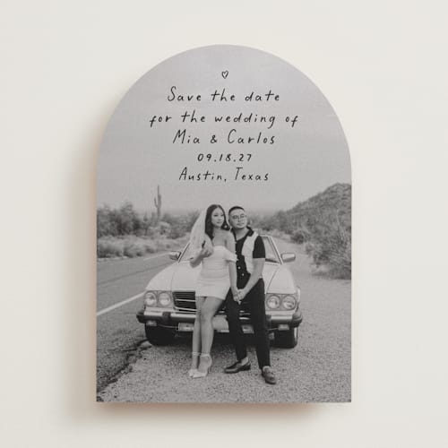 This is a noir save the date with standard by Olivia Raufman called noted printing on recycled smooth signature in standard
