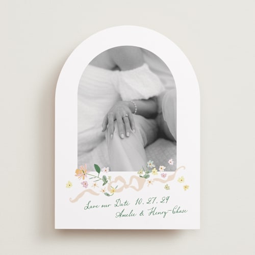 This is a spring save the date with standard by Phrosné Barwood called spring draped garland printing on recycled smooth signature in standard