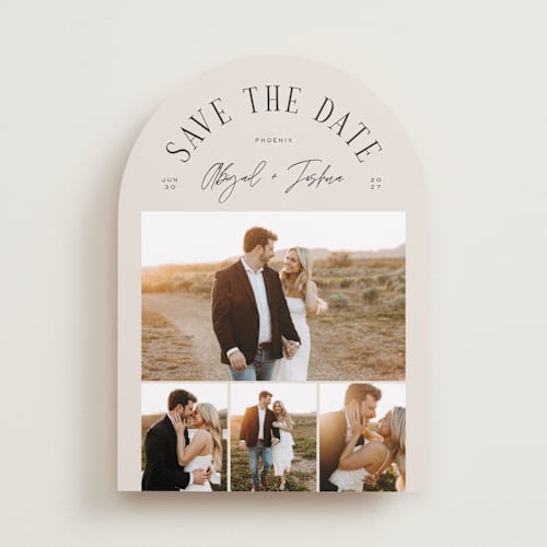 This is a taupe save the date with standard by Michelle Taylor called archway printing on recycled smooth signature in standard