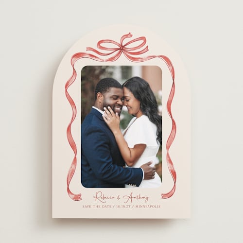 This is a cherry save the date with standard by Paper Sun Studio called tied together printing on recycled smooth signature in standard