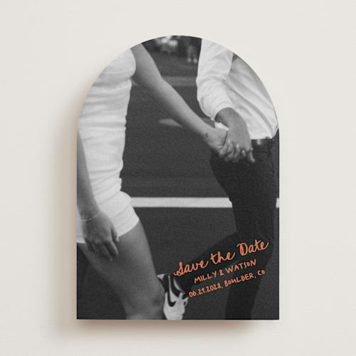 This is a tangerine save the date with standard by Jelena Vuletic called imprint printing on recycled smooth signature in standard