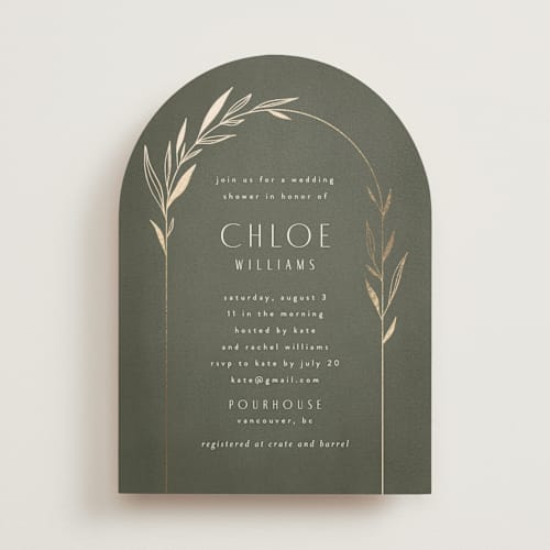This is a moss bridal shower invitations with foil pressed by Kelly Schmidt called botanical arches printing on signature in standard