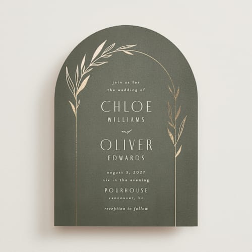 This is a moss foil stamped wedding invitations with foil pressed by Kelly Schmidt called botanical arches printing on signature in standard
