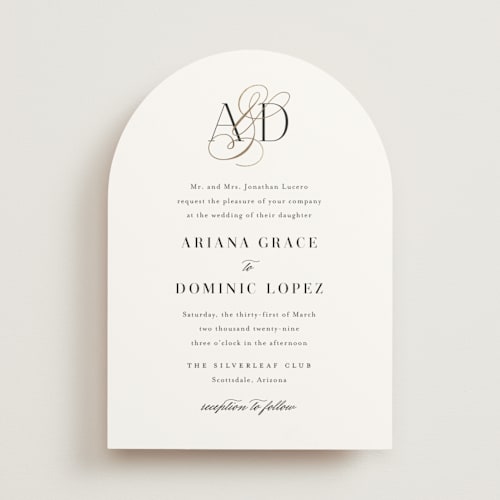 This is a cotton foil stamped wedding invitations with foil pressed by Jennifer Postorino called gilded ampersand printing on signature in standard