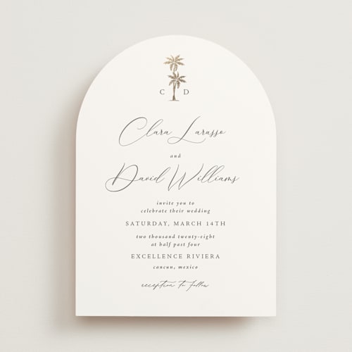 This is a leaf foil stamped wedding invitations with foil pressed by Olivia Raufman called palm monogram printing on signature in standard