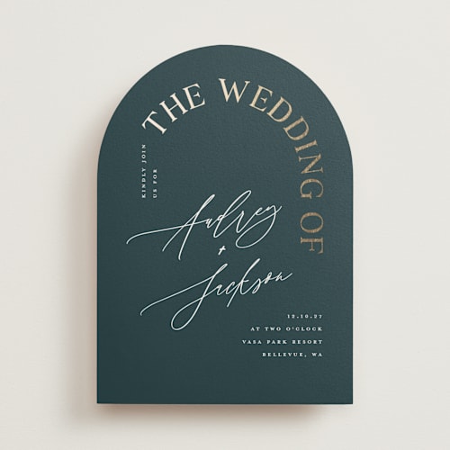 This is a midnight green foil stamped wedding invitations with foil pressed by Vera Lim called the arc printing on signature in standard
