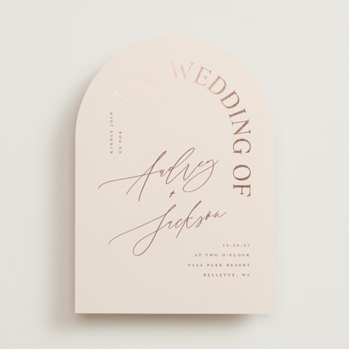 This is a ivory foil stamped wedding invitations with foil pressed by Vera Lim called the arc printing on signature in standard