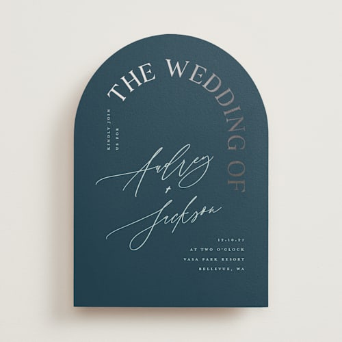 This is a navy foil stamped wedding invitations with foil pressed by Vera Lim called the arc printing on signature in standard