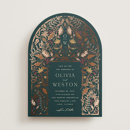 This is a deep sea foil stamped wedding invitations with foil pressed by Erin German called autumnal arch printing on signature in standard