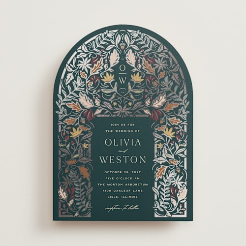 This is a deep sea foil stamped wedding invitations with foil pressed by Erin German called autumnal arch printing on signature in standard