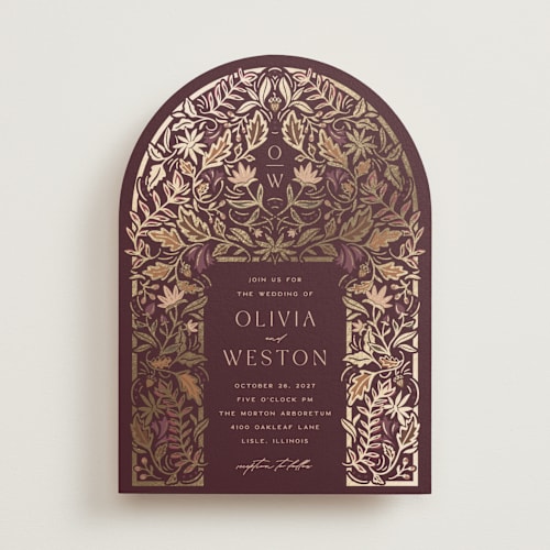 This is a berry foil stamped wedding invitations with foil pressed by Erin German called autumnal arch printing on signature in standard