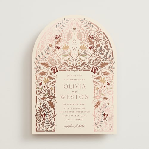This is a chestnut foil stamped wedding invitations with foil pressed by Erin German called autumnal arch printing on signature in standard