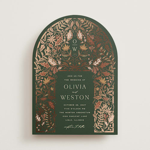 This is a leaf foil stamped wedding invitations with foil pressed by Erin German called autumnal arch printing on signature in standard