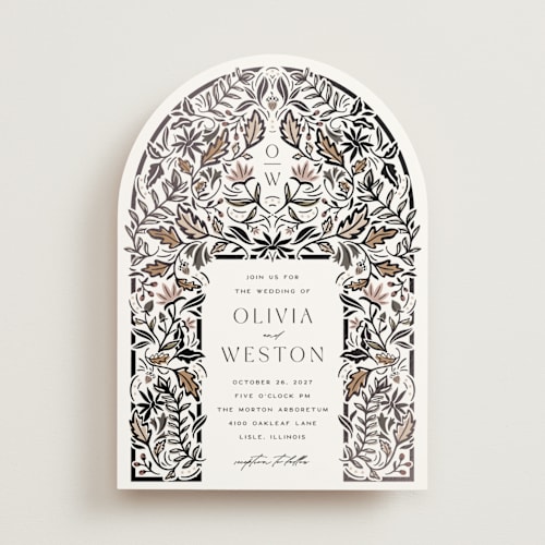 This is a charcoal foil stamped wedding invitations with foil pressed by Erin German called autumnal arch printing on signature in standard