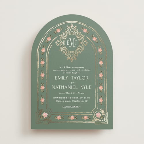 This is a pine foil stamped wedding invitations with foil pressed by Claudia Orengo called princess printing on signature in standard