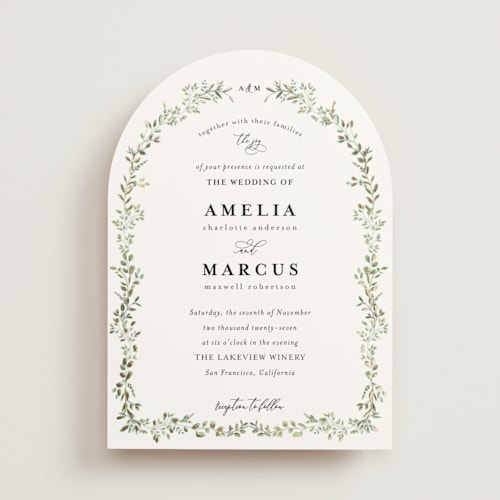 This is a mojito foil stamped wedding invitations with foil pressed by Susan Moyal called monogramed arch printing on signature in standard