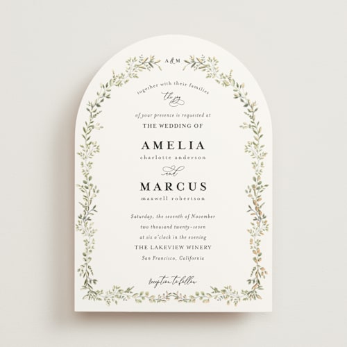 This is a sage foil stamped wedding invitations with foil pressed by Susan Moyal called monogramed arch printing on signature in standard