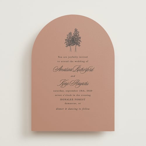 This is a cocoa wedding invitations with standard by Morgan Kendall called arboretum printing on signature in standard