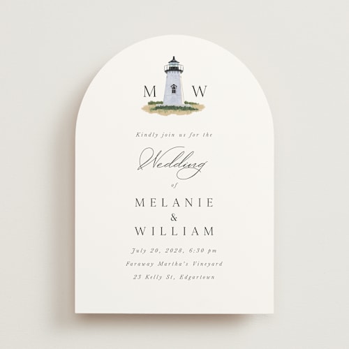 This is a snow wedding invitations with standard by Becky Nimoy called east coast lighthouse printing on signature in standard