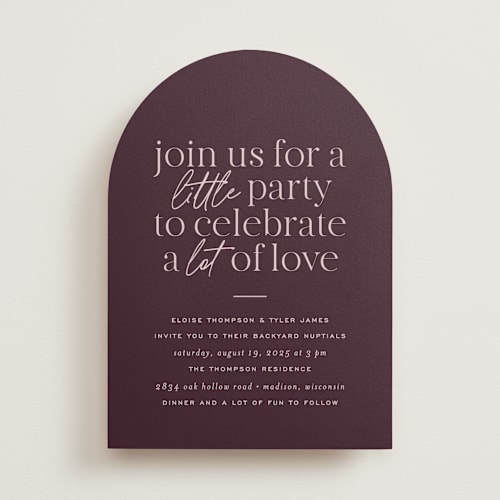 This is a merlot wedding invitations with standard by Jessica Corliss called little party big love printing on signature in standard
