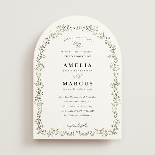 This is a sage wedding invitations with standard by Susan Moyal called monogramed arch printing on signature in standard