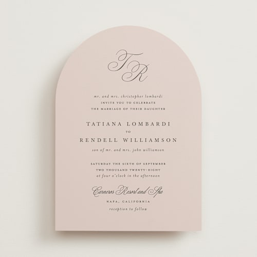 This is a dusty rose wedding invitations with standard by Kelly Schmidt called arch monogram printing on signature in standard