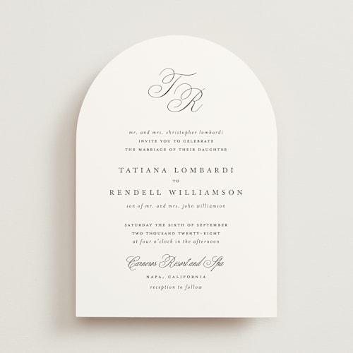 This is a silk wedding invitations with standard by Kelly Schmidt called arch monogram printing on signature in standard