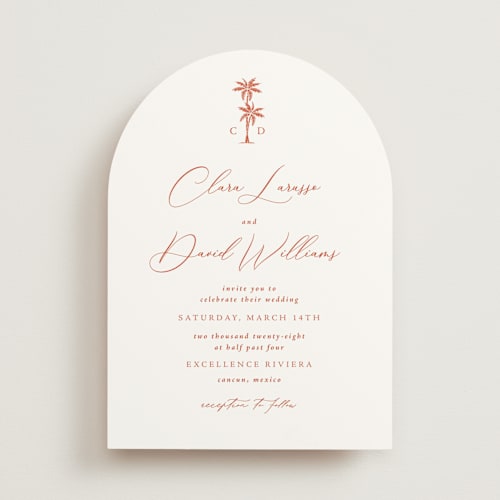 This is a persimmon wedding invitations with standard by Olivia Raufman called palm monogram printing on signature in standard