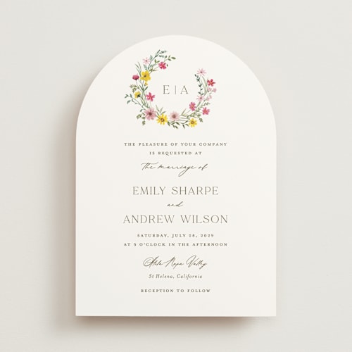 This is a peony wedding invitations with standard by Yaling Hou Suzuki called wildflower wreath printing on signature in standard