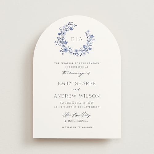 This is a cobalt wedding invitations with standard by Yaling Hou Suzuki called wildflower wreath printing on signature in standard