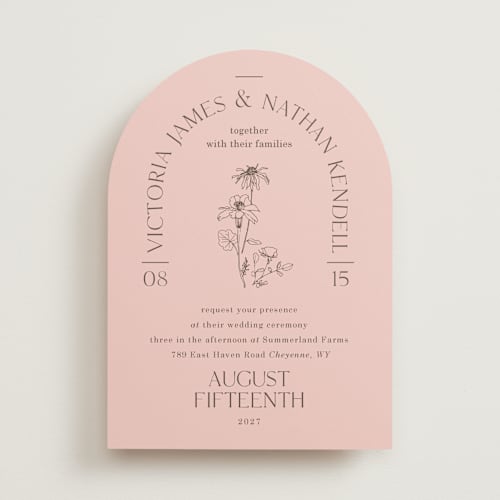This is a petal wedding invitations with standard by Baumbirdy called floral type arch printing on signature in standard