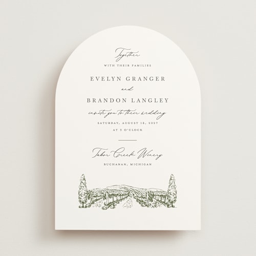 This is a olive wedding invitations with standard by Sarah Brown called vineyard printing on signature in standard