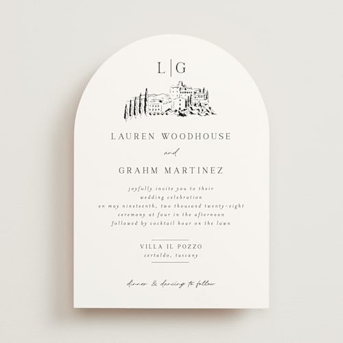 This is a noir wedding invitations with standard by Shiny Penny Studio called countryside villa printing on signature in standard
