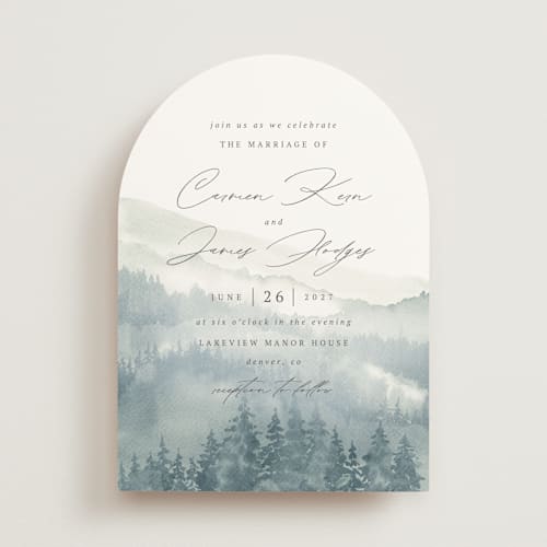 This is a fog wedding invitations with standard by Helen Halik called over the mountains printing on signature in standard