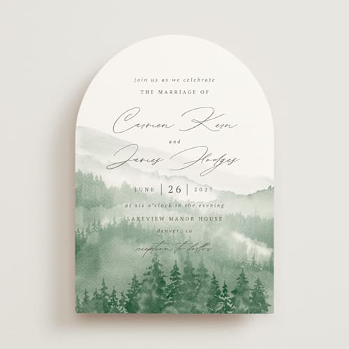 This is a fern wedding invitations with standard by Helen Halik called over the mountains printing on signature in standard