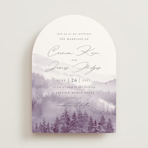 This is a lavender wedding invitations with standard by Helen Halik called over the mountains printing on signature in standard